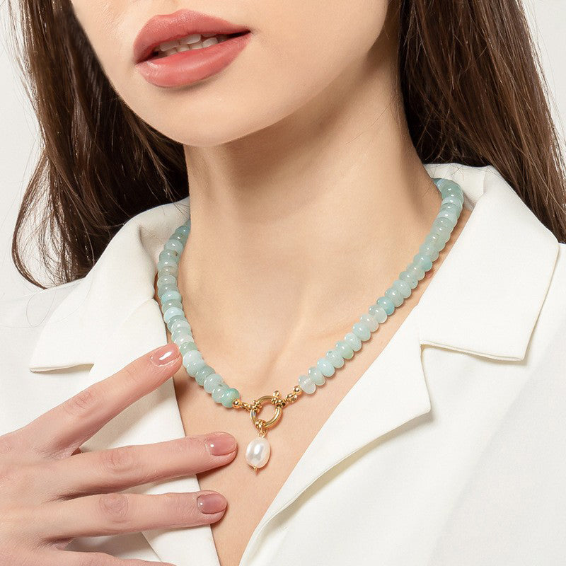 Natural Stone and Freshwater Pearl Beaded Necklace – Titanium Steel 18K Gold Plated