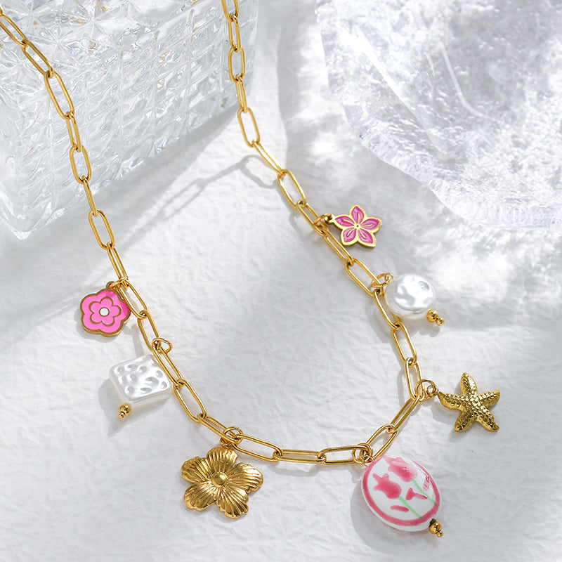 Gold Plated Starfish Flower Multi Charms Necklace – Waterproof Stainless Steel