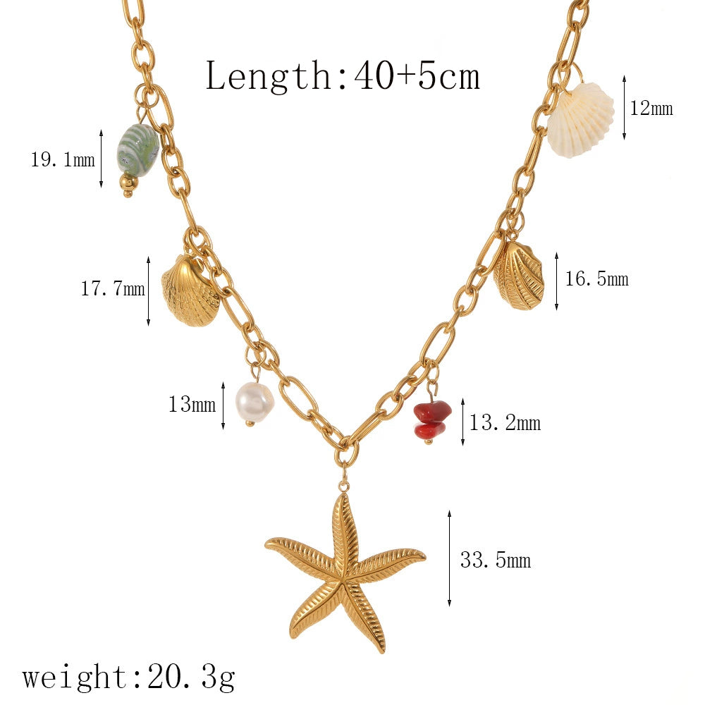 IG Style Multi-Charm Starfish and Conch Necklace – 18K Gold Plated Stainless Steel
