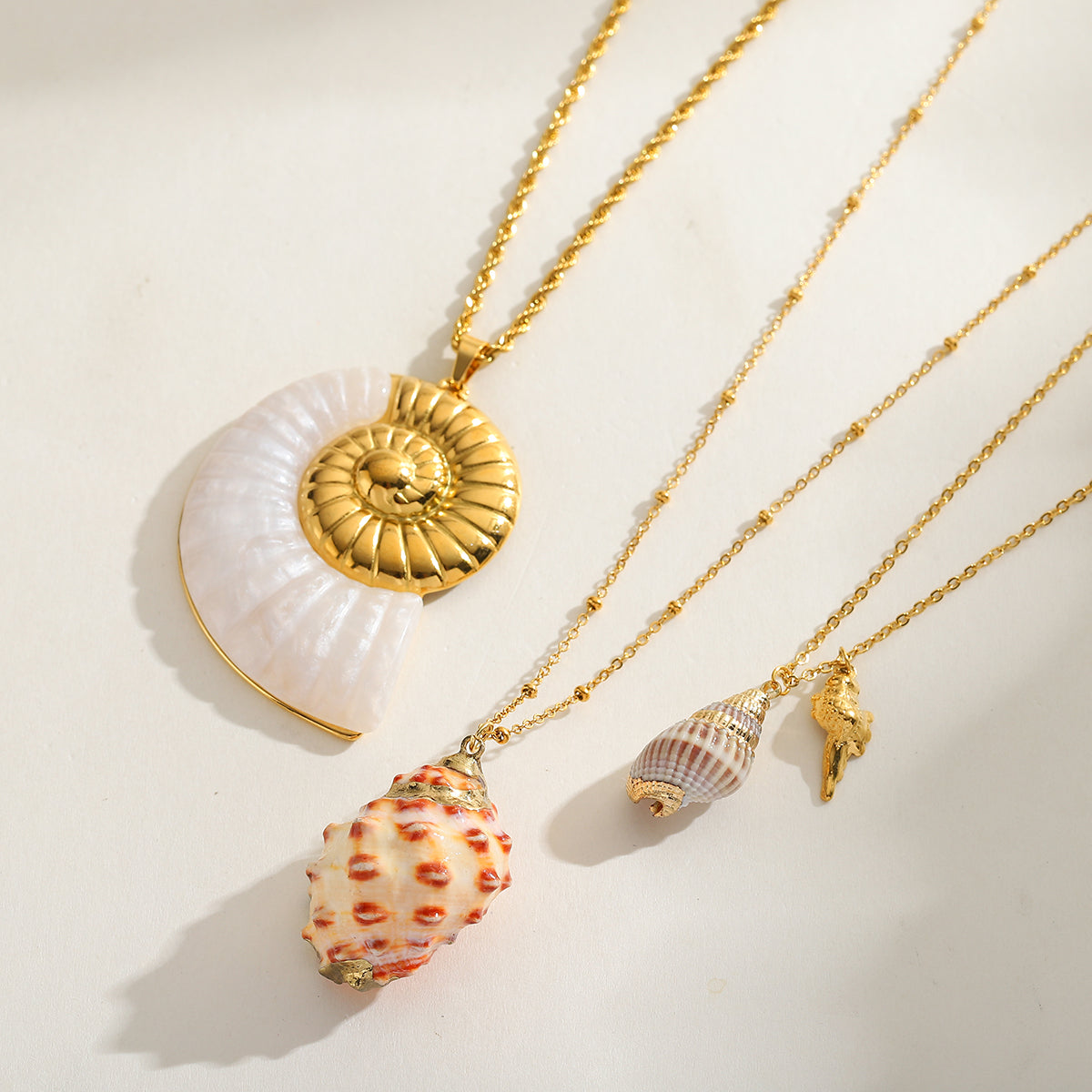 Coastal Charm Necklace - Seashell, Dual Charm, and Nautilus Pendant