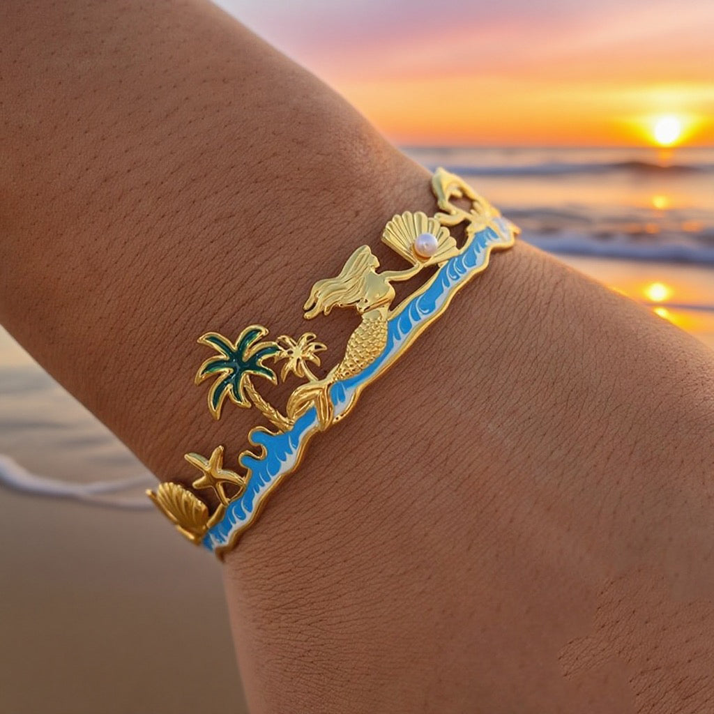 Beach Mermaid Ocean Scene Enamel Cuff Bracelet – Waterproof 304 Stainless Steel