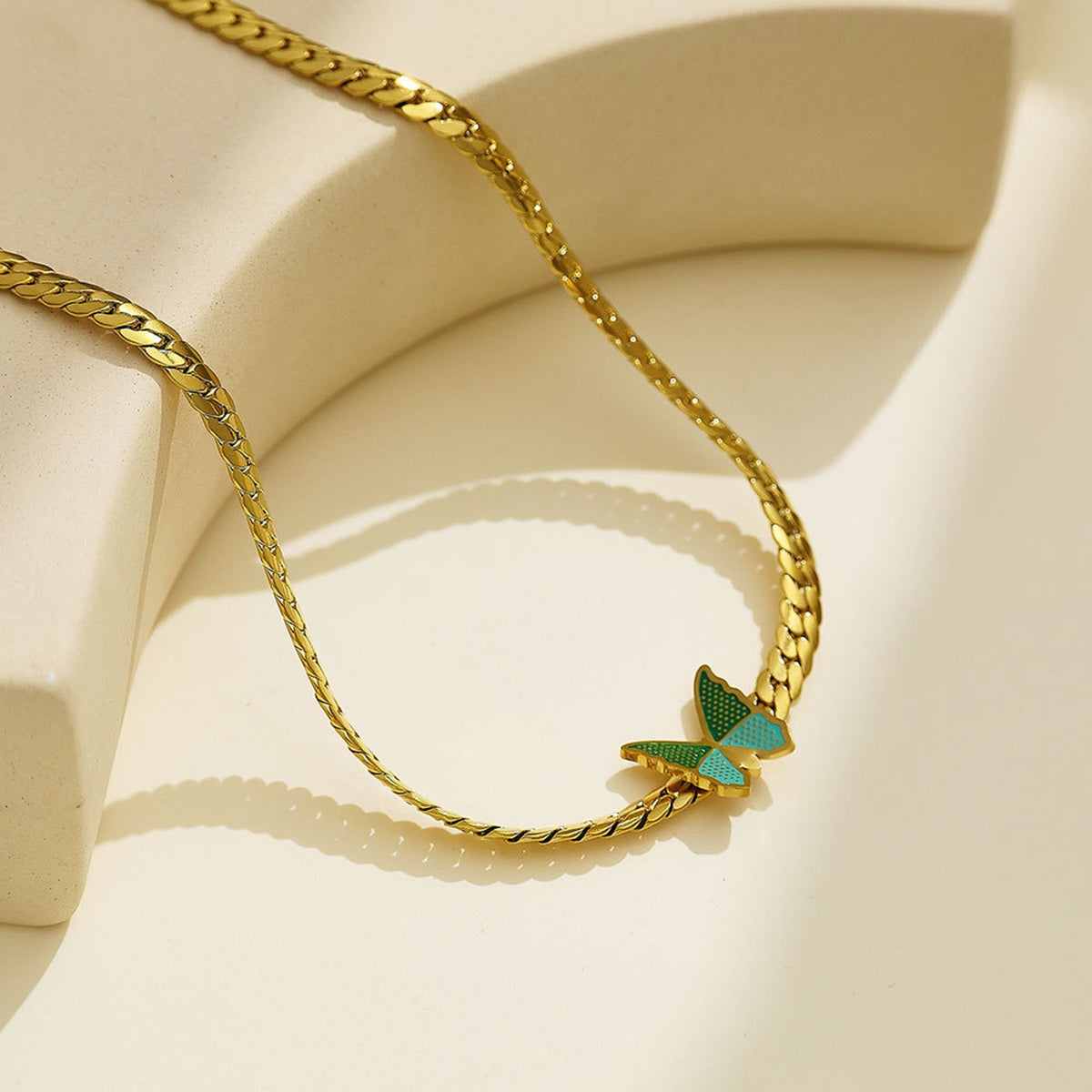 18K Gold Plated Enamel Butterfly Pendant Necklace Collection – Stainless Steel Elegant Flat Chain