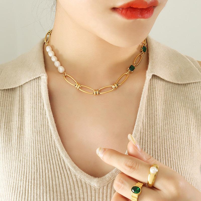 Square Freshwater Pearl Necklace – Titanium Steel