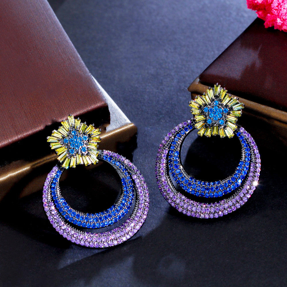 Chinoiserie Vintage Round Rainbow Bow Knot Drop Earrings – White Gold & Rhodium Plated