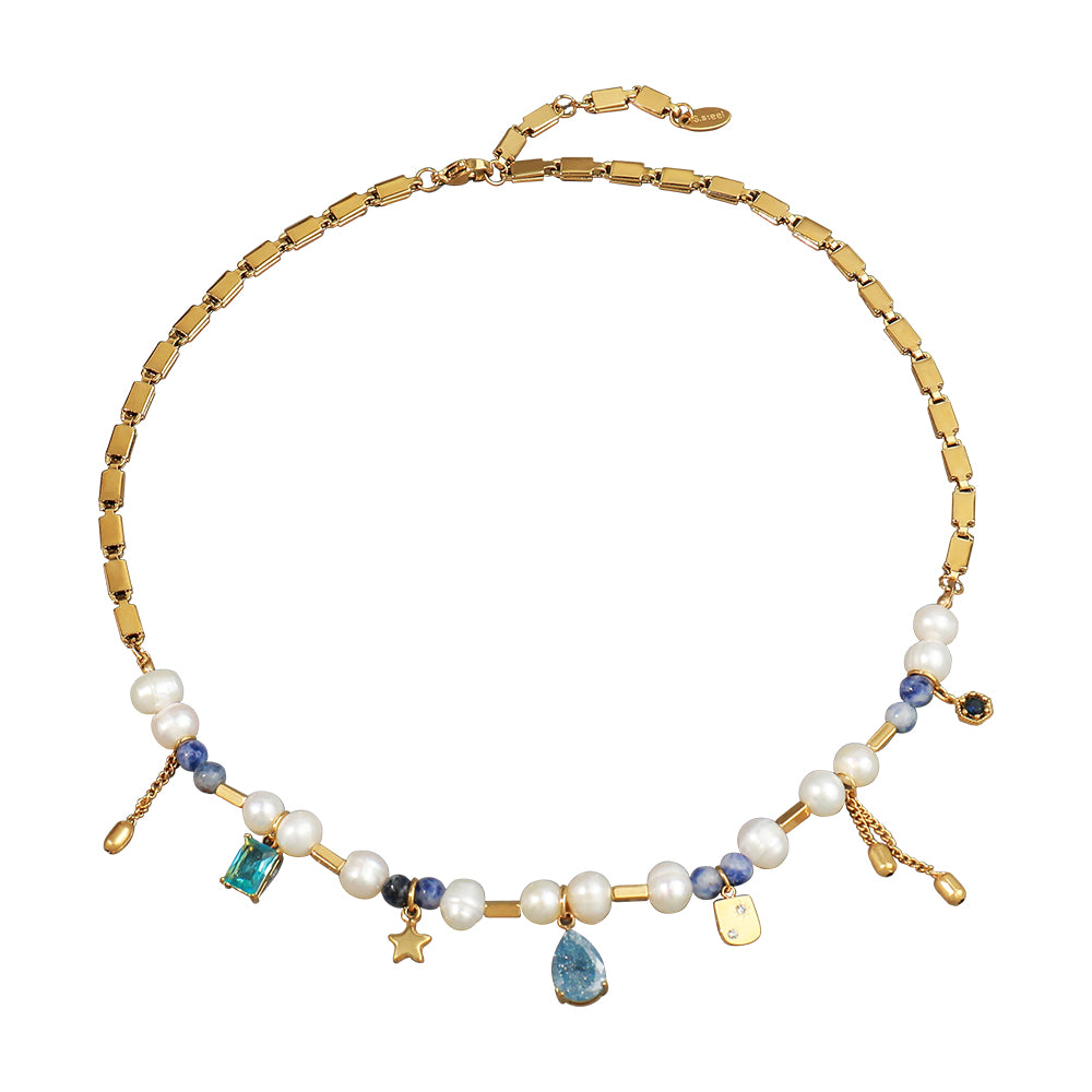 Round Square Star Freshwater Pearl Pendant Necklace – Titanium Steel Elegant Waterproof Non-Tarnish