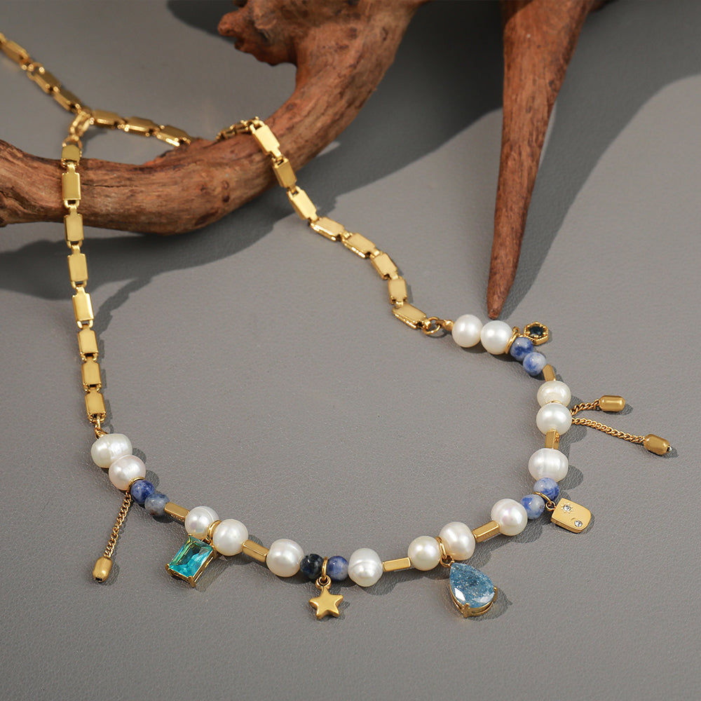 Round Square Star Freshwater Pearl Pendant Necklace – Titanium Steel Elegant Waterproof Non-Tarnish