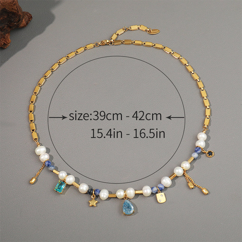 Round Square Star Freshwater Pearl Pendant Necklace – Titanium Steel Elegant Waterproof Non-Tarnish