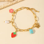 Flower & Strawberry Multi Charms Bracelet – 18K Gold Plated