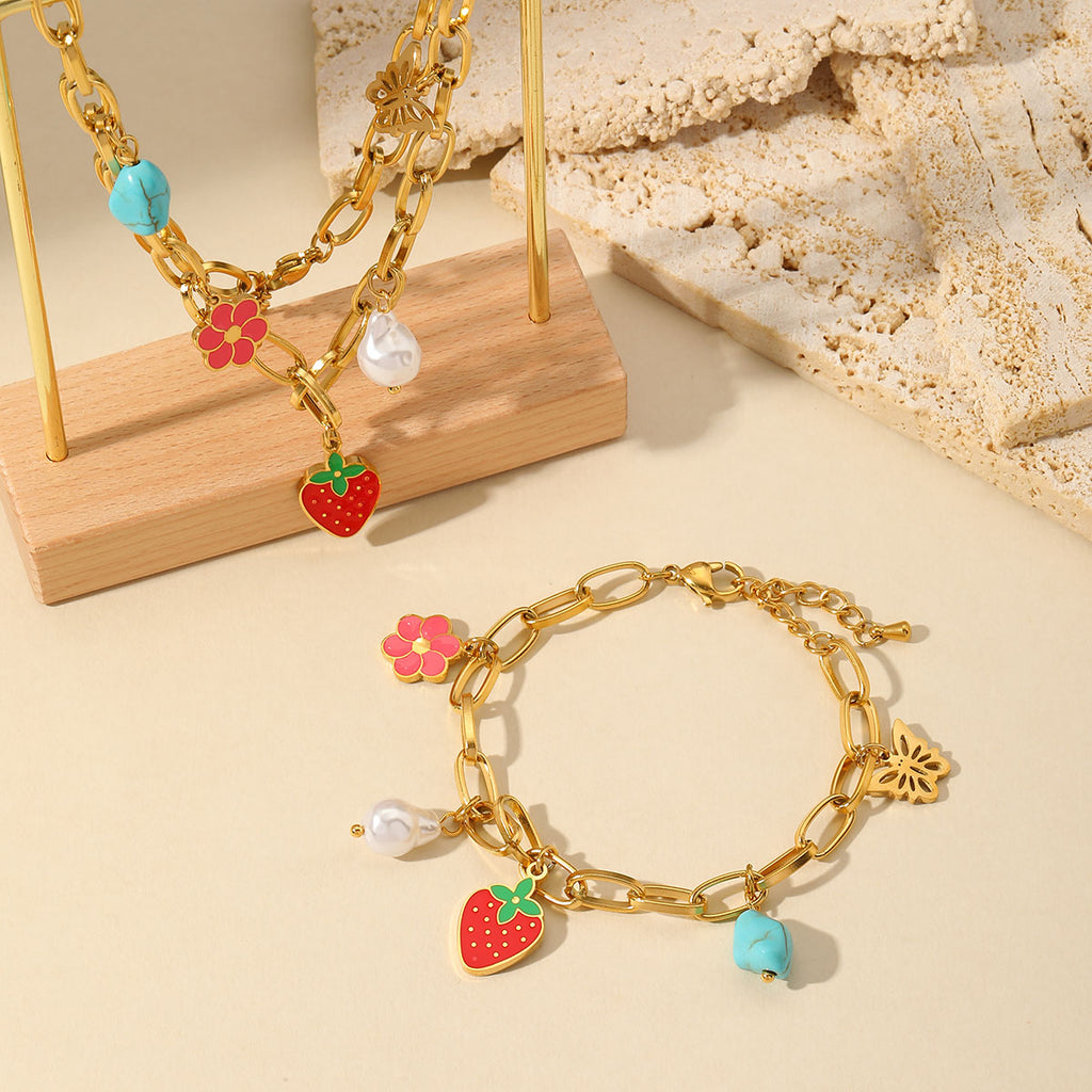 Flower & Strawberry Multi Charms Bracelet – 18K Gold Plated