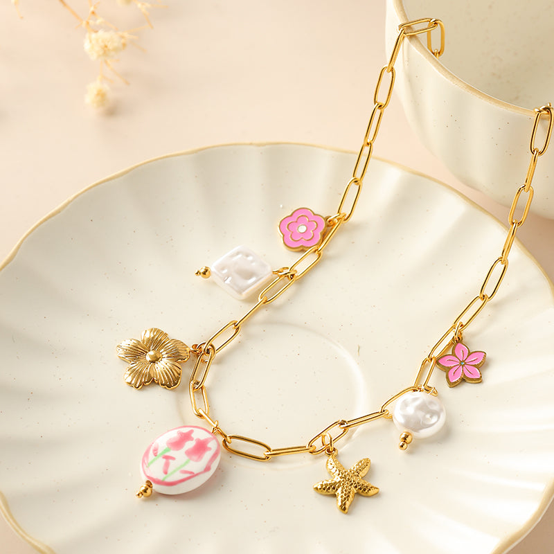 Gold Plated Starfish Flower Multi Charms Necklace – Waterproof Stainless Steel