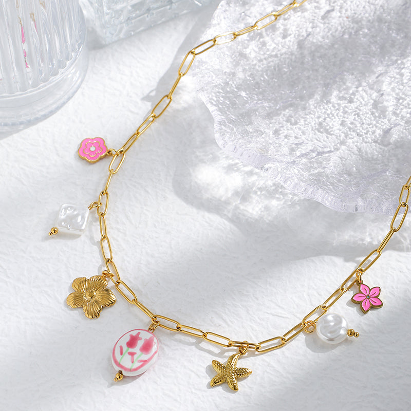 Gold Plated Starfish Flower Multi Charms Necklace – Waterproof Stainless Steel