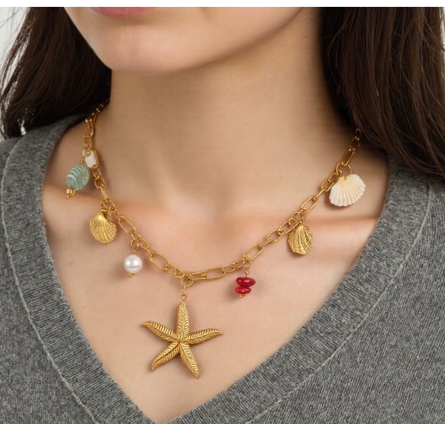IG Style Multi-Charm Starfish and Conch Necklace – 18K Gold Plated Stainless Steel