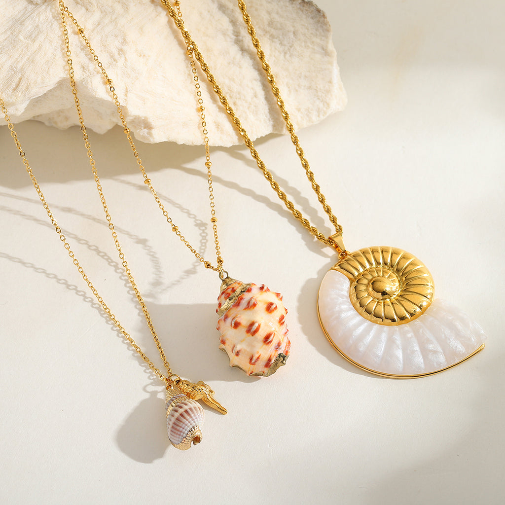 Coastal Charm Necklace - Seashell, Dual Charm, and Nautilus Pendant