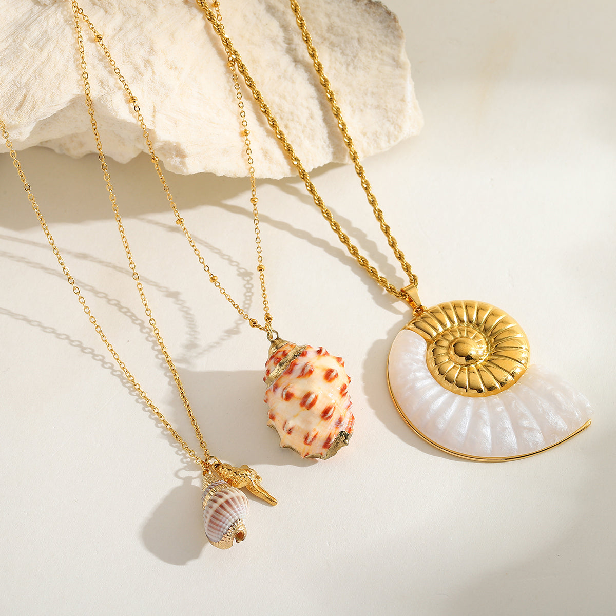 Coastal Charm Necklace - Seashell, Dual Charm, and Nautilus Pendant