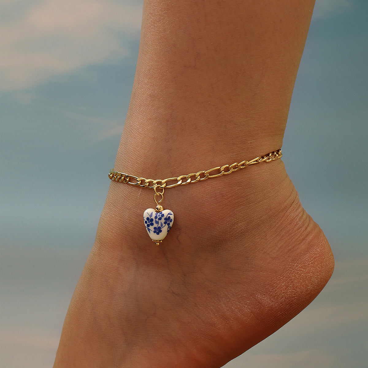 Vintage Blue and White Porcelain Pendant Anklet – Stainless Steel