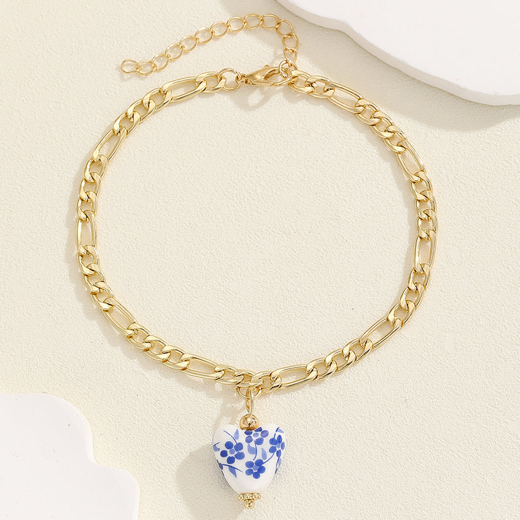 Vintage Blue and White Porcelain Pendant Anklet – Stainless Steel