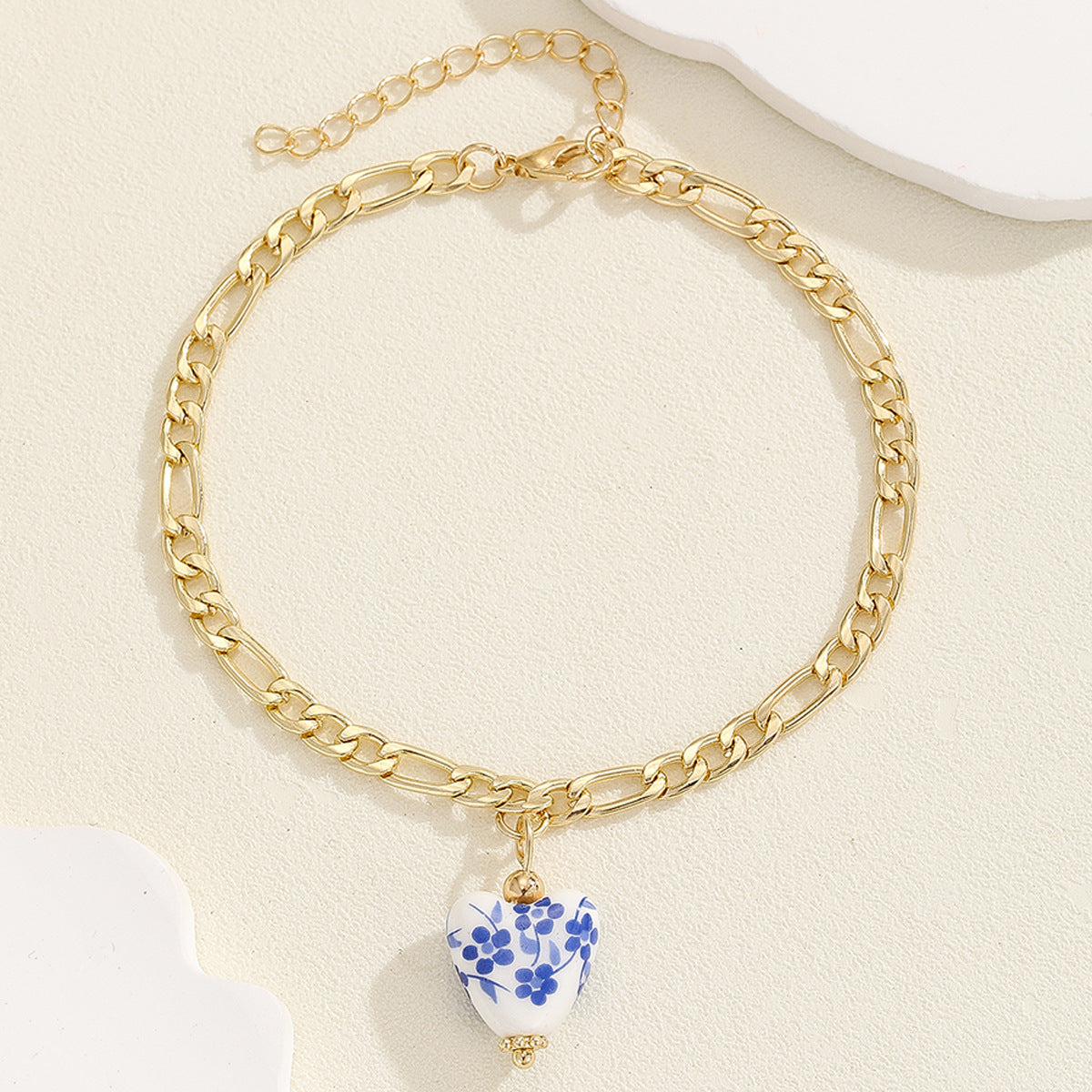 Vintage Blue and White Porcelain Pendant Anklet – Stainless Steel