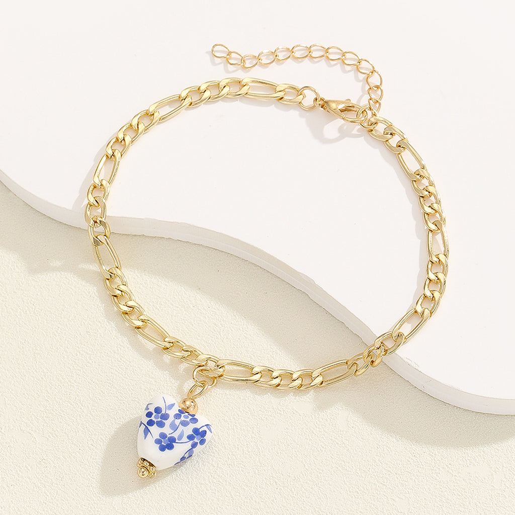 Vintage Blue and White Porcelain Pendant Anklet – Stainless Steel