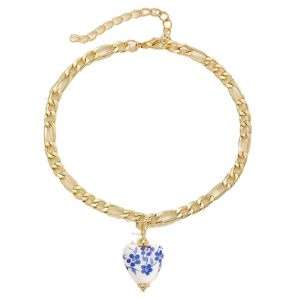 Vintage Blue and White Porcelain Pendant Anklet – Stainless Steel