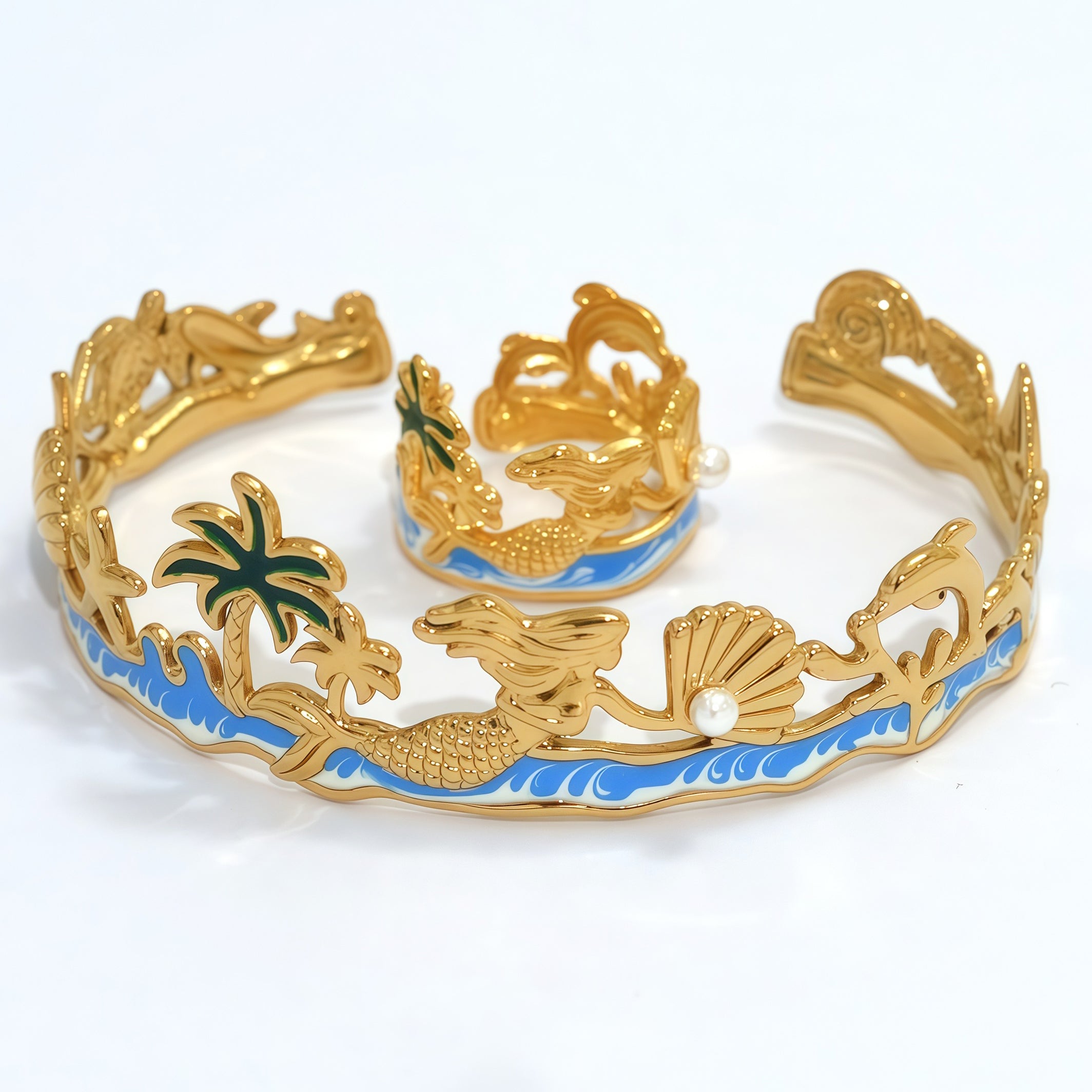 Beach Mermaid Ocean Scene Enamel Cuff Bracelet – Waterproof 304 Stainless Steel
