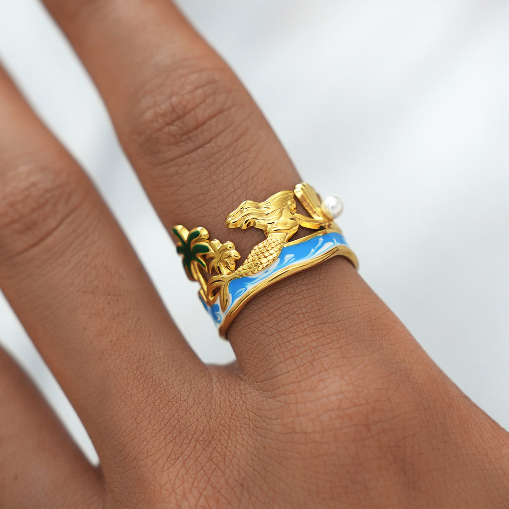 Beach Mermaid Enamel Ring with Pearl Accent – Waterproof 304 Stainless Steel