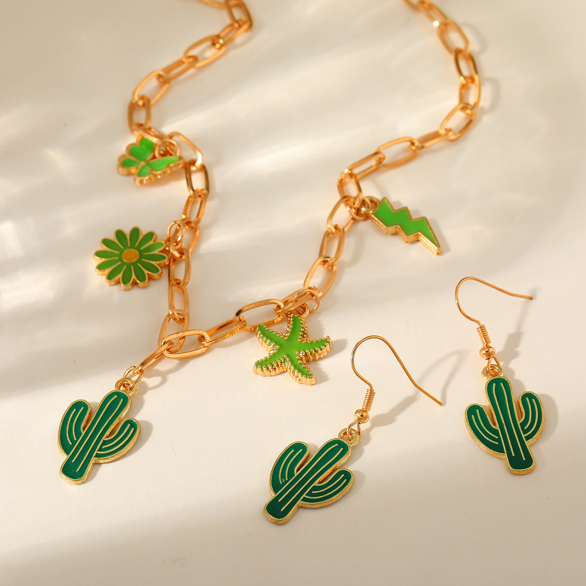 Sweet Luxury Cactus Pendant Necklace – Iron Plated KC Gold, Green Drip Enamel