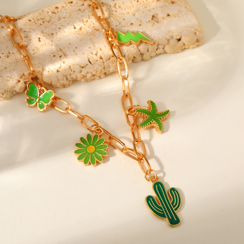Sweet Luxury Cactus Pendant Necklace – Iron Plated KC Gold, Green Drip Enamel