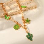Sweet Luxury Cactus Pendant Necklace – Iron Plated KC Gold, Green Drip Enamel