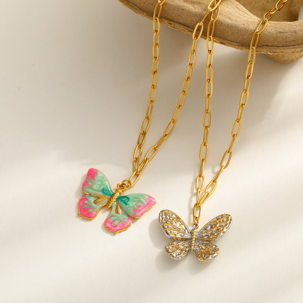 Enamel Butterfly Pendant Necklace – 18K Gold Plated Stainless Steel